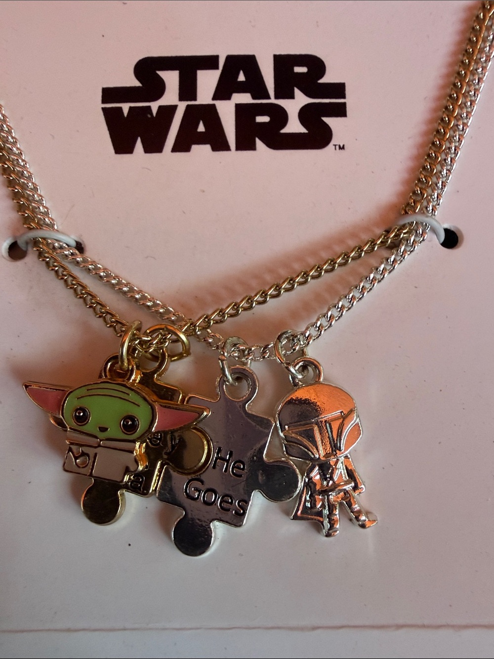Disney Star Wars Gold Tone Baby Yoda & Mandalorian Puzzle Charm Necklace
